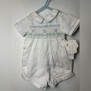 Vintage Smocked Baby Romper | Bunny Embroidered | White | 6–9 Months | NWT